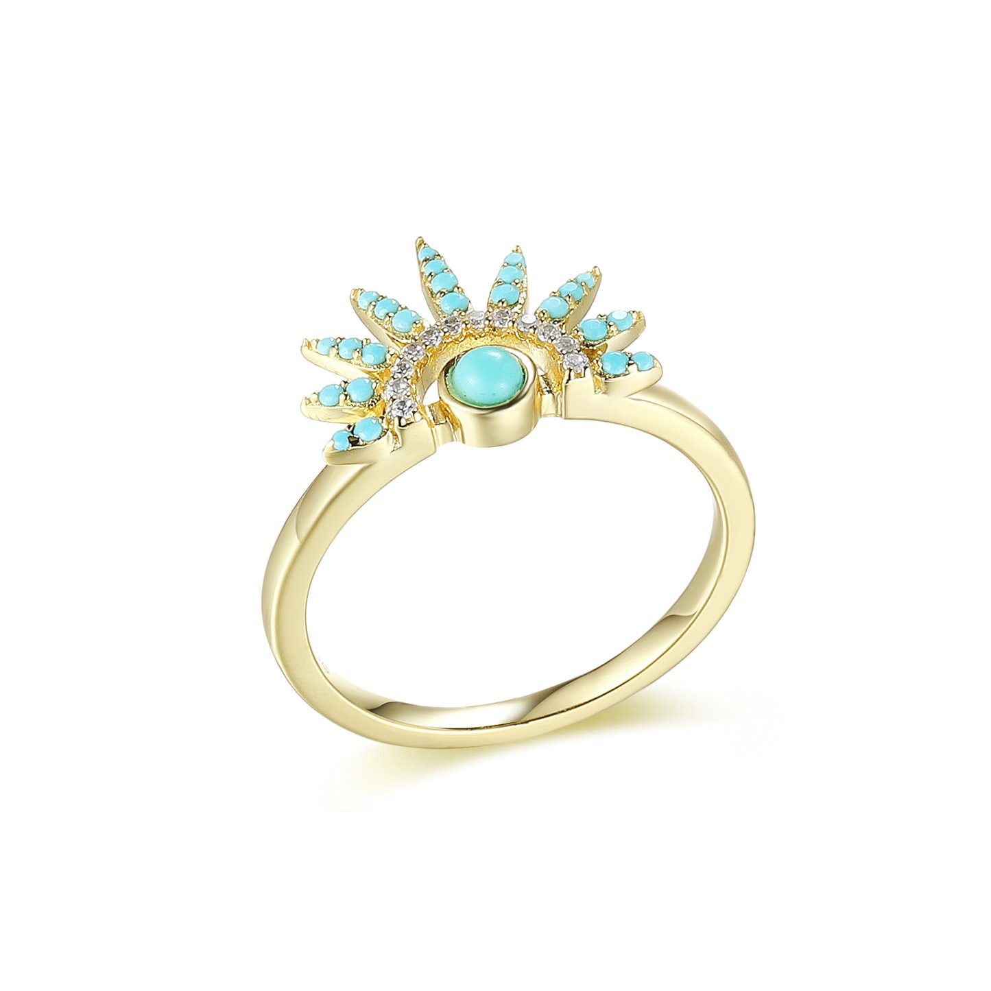 Silver ring with white cz+ synthetic turquoise,18ct gold plating