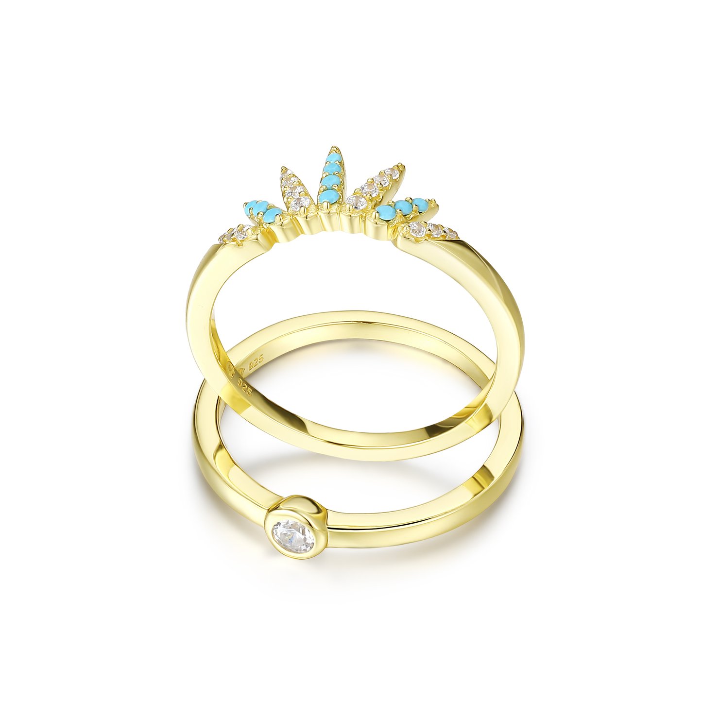 925 Silver ring with white cz+ synthetic turquoise,18ct gold plating