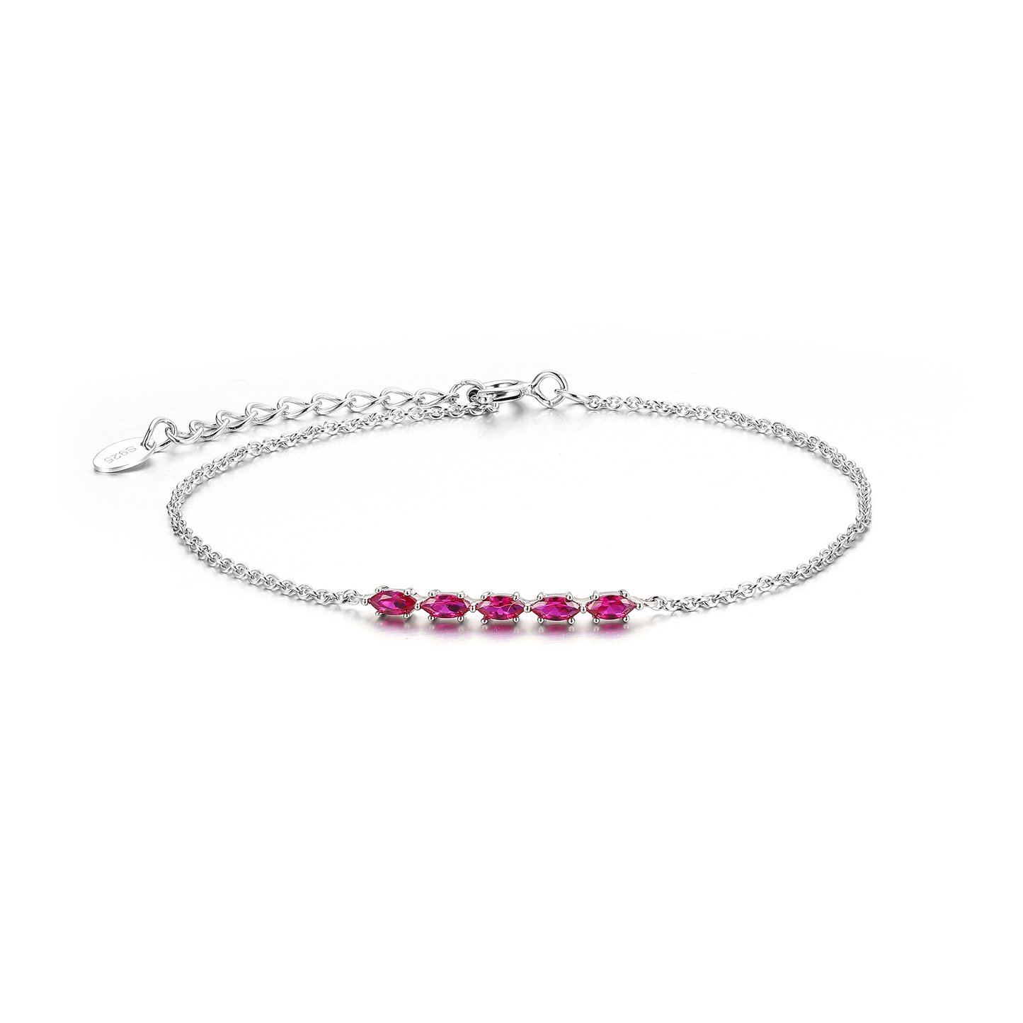 Silver bracelet with white cz,synthetic red corundum, rhodium plating