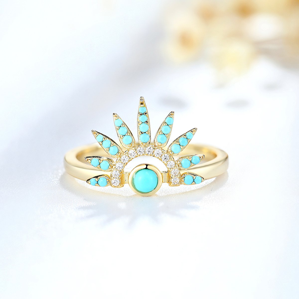 Silver ring with white cz+ synthetic turquoise,18ct gold plating